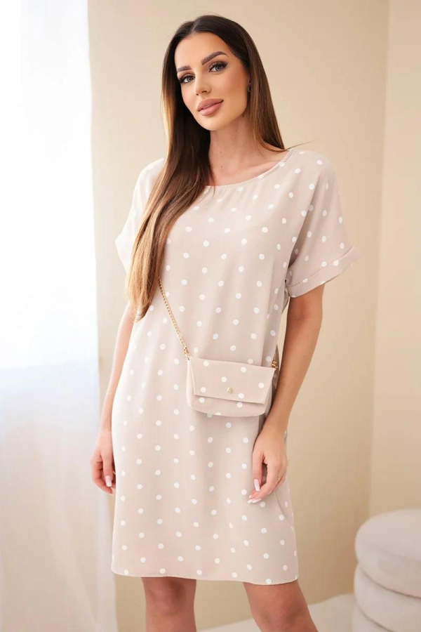 Elegantne bodkované šaty s krátkym rukávom a kabelkou model IT123 